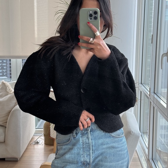 Worn Once - Black Boucle Jacket with Cropped Length and Puffy Sleeves - Picture 1 of 2